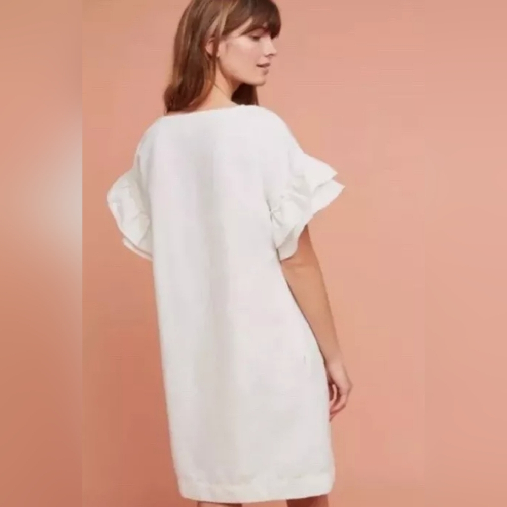 Anthropology Maeve White Ruffle Sleeve Dress Lined Blend White V-Neck Size XS